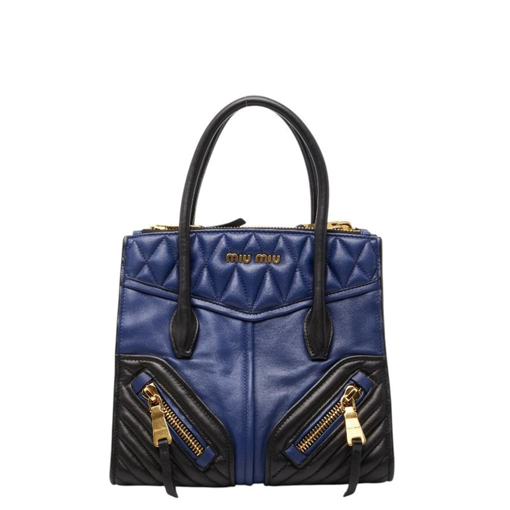 Miu Miu Biker Matelasse leather tote quilted paneling Blue Black
